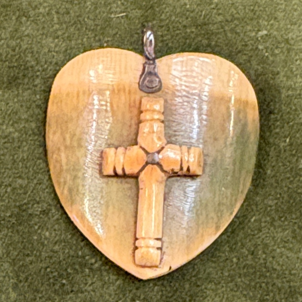 Hand Carved Cross on a Heart Necklace Pendant
